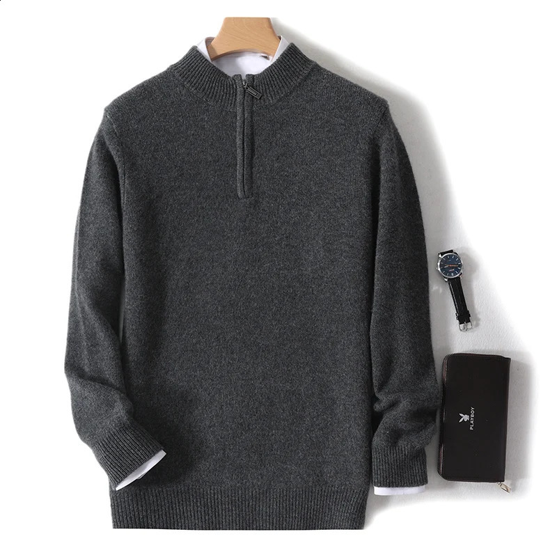 100% cashmere sweater Mens zipper half turtleneck long-sleeved business casual sweater 240912