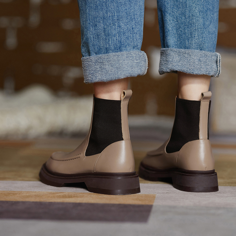 Genuine Leather Retro British Style Slip-On Fashion Ankle Boots Round Toe Flat with Women Shoes 1707