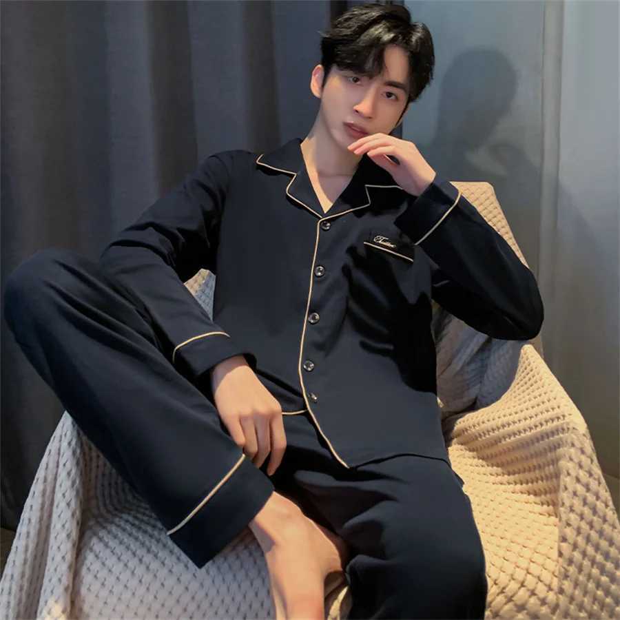 New 2024 Mens Cotton Pajamas Set Solid Color Long Sleeve Home Clothes for Man Four Season Casual Sleepwear 2 Pieces Loungewear Y240913
