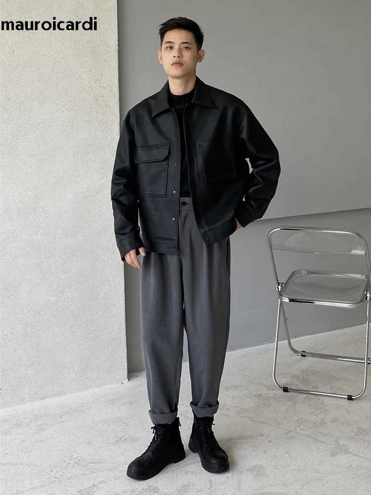 Mauroicardi Spring Autumn Cool Short Matte Black Pu Leather Jacket Men Turn-down Collar Pockets Loose Casual Korean Clothes 2024X240913