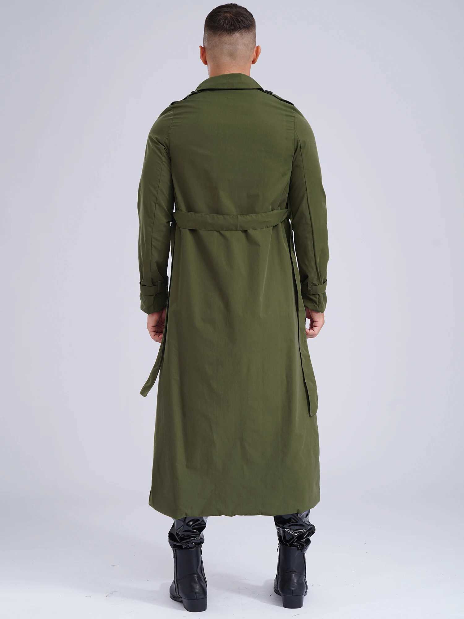 men Motorcycle long jacket double-breasted trench coat Outerwear daily casual wear Long Sleeve Jacket Overcoat with Belt Y240913