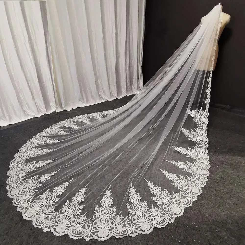 Real Photos Long Lace Bridal Veil with Comb 3.5 Meters 1 Layer Cathedral White Iovry Wedding Veil Wedding AccessoriesX240913