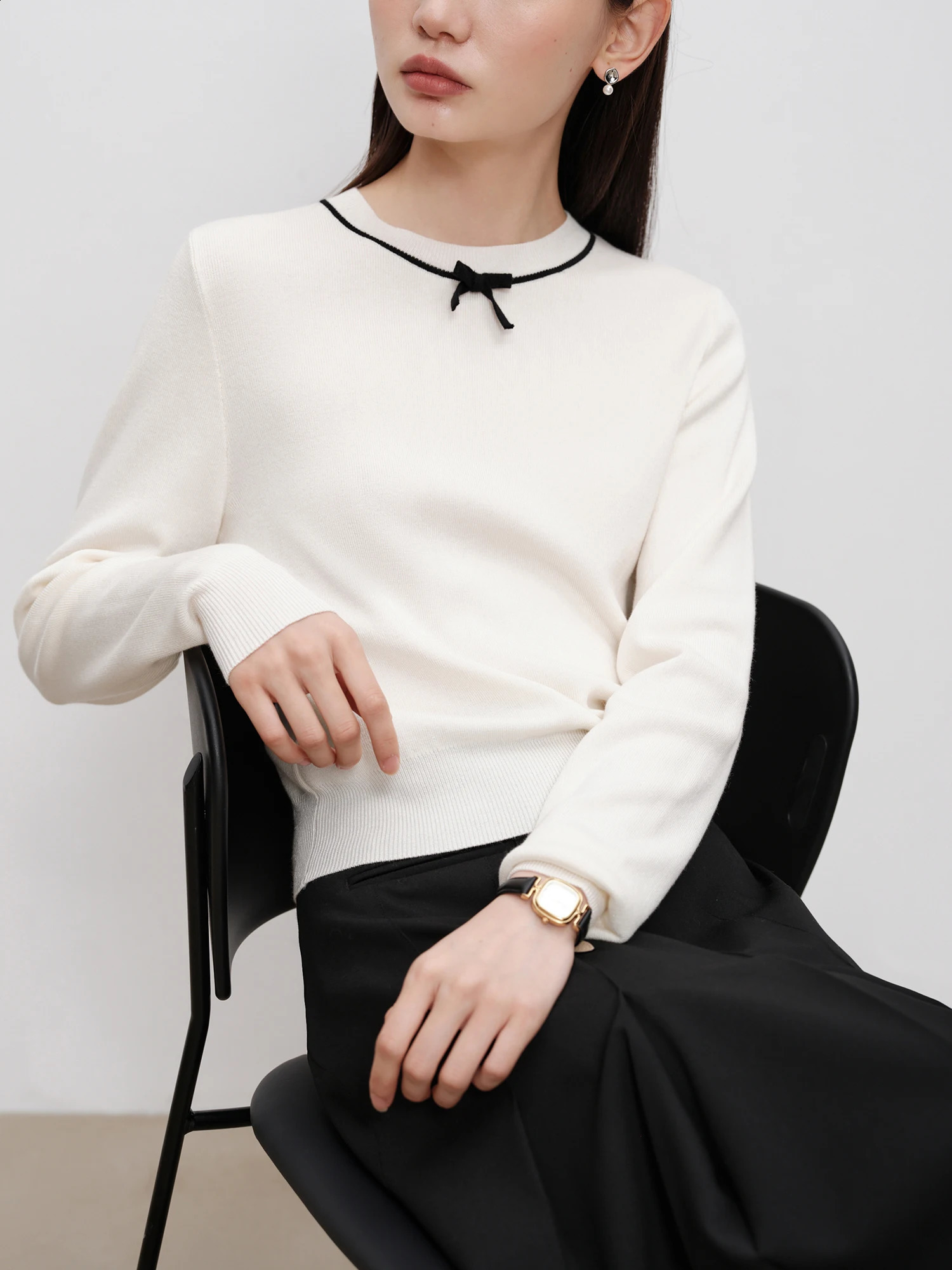 ZIQIAO Petite Size Simple Wool Knitted Womens Sweater Spring/Summer Bow Top Casual Loose 24ZQ93192 240904