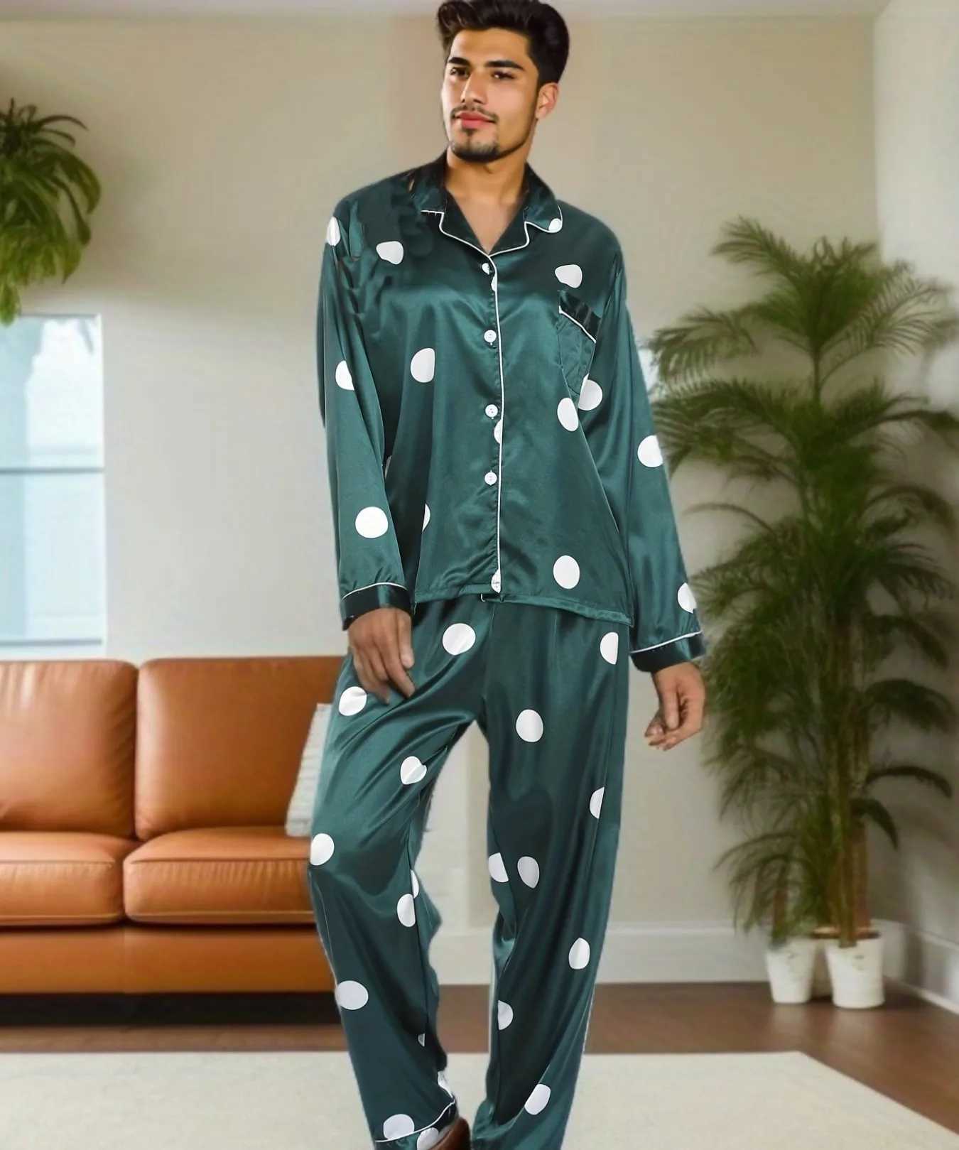 New Spring Summer Men 2PCS Pajamas Set Print Silk Satin Sleepwear Long Sleeve Pijamas Suit Loose Casual Home Clothes Loungewear Y240913