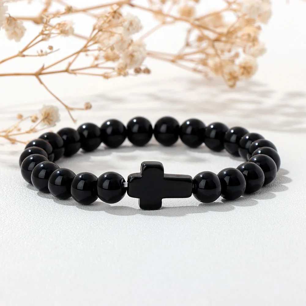 Natural stone cross bracelet for men prayer meditation rose quartz tiger eye agate bead bracelet yoga jewelry for men W240913