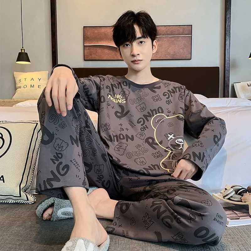 2024 100% Cotton Sleepwear for Men Long Sleeves Sleeping Top Pant Nightwear Young Boy Male Nightwear Striped Home Clothes Y240913