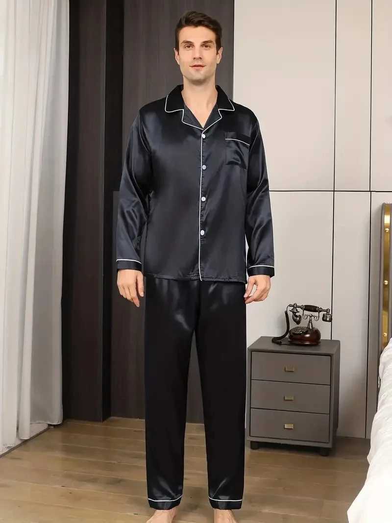 New Men Pajama Sets Spring Silk Satin Solid Color Mens Pajamas Big size Long Sleeve Pants Male Home Suit Sleepwear for Sleeping Y240913