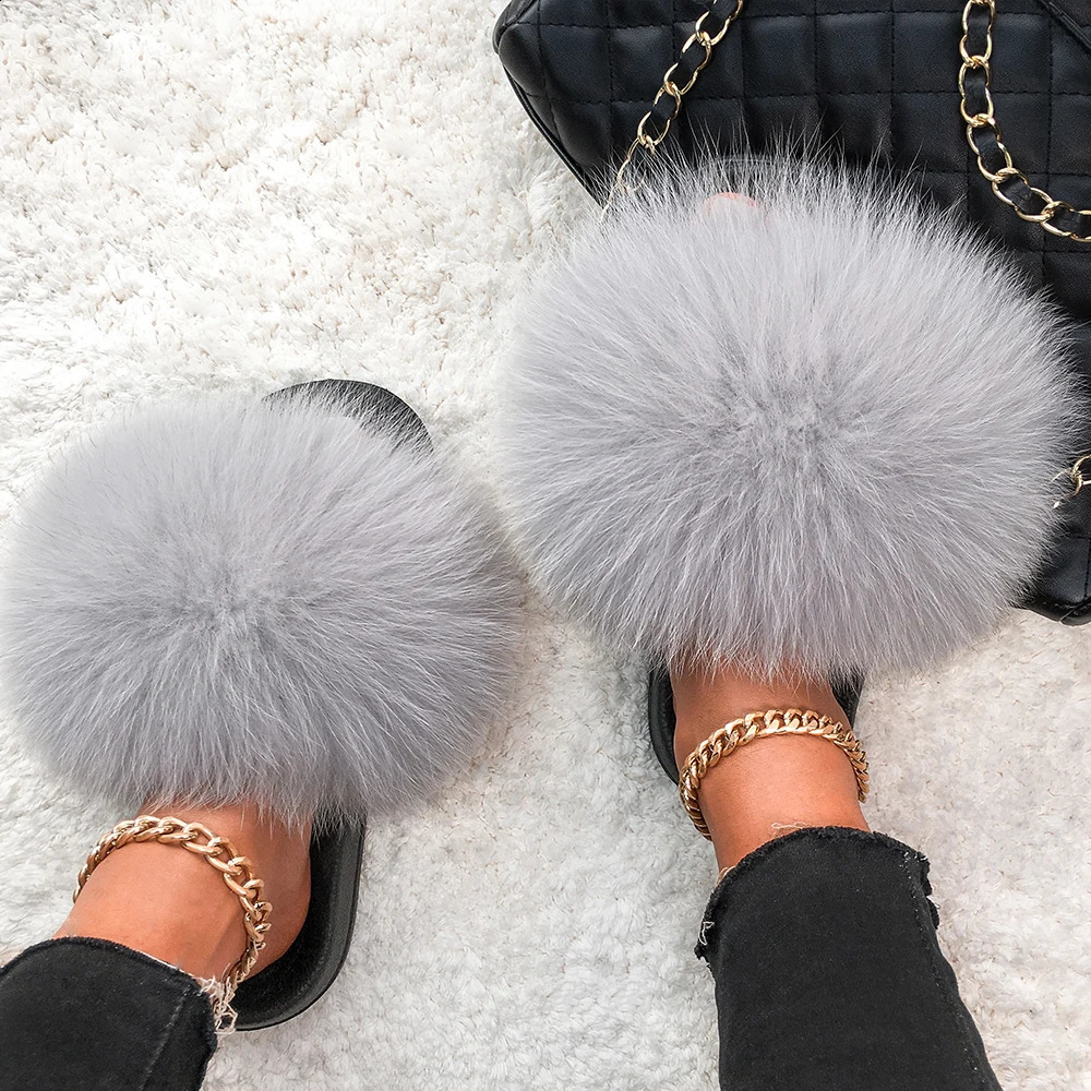 Ethel Anderson Genuine Fox Fur Slippers Slides Beauty Summer Fluffy Flip Flops Good Quality Cozy Raccoon Fur Sandals Shoes 240910