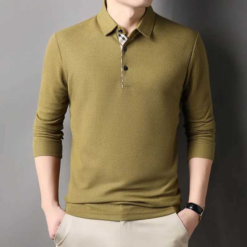 Spring and Autumn mens loose long sleeved polo shirt casual lapel plain weave business collar T-shirt top W240913