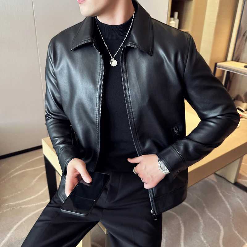 Mens Motorcycle Leather Jacket Large Size Pocket Black Zipper Lapel Slim Fit Male Spring Autumn High Quality PU CoatX240913