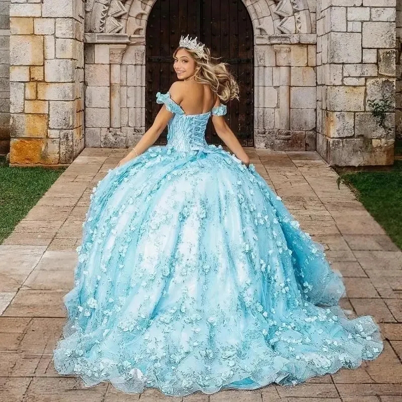 Sky Blue Off The Shoulder Princess Ball Gown Quinceanera Dresses Classic 3D Flower Sequin Applique Beads Sweet 16 Dress Vestidos 15 De