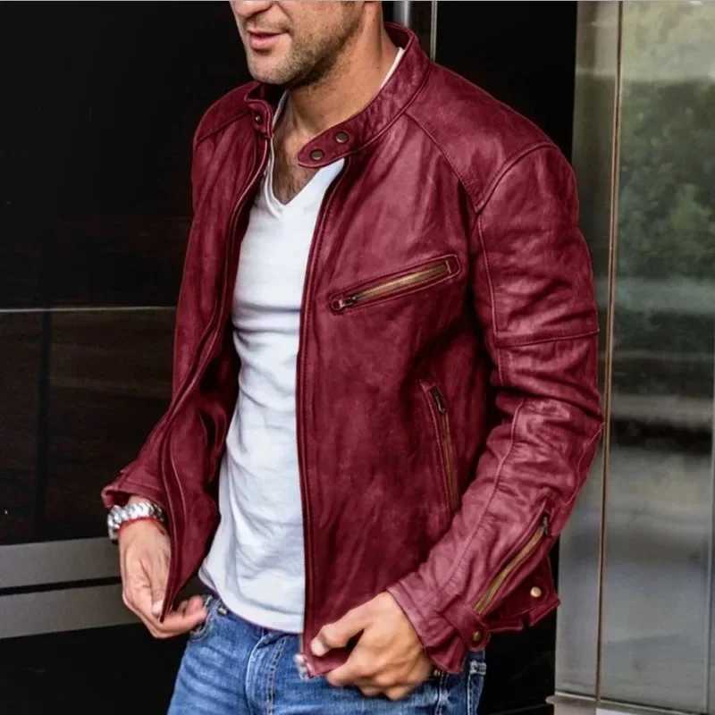 2024 Autumn Mens PU Leather Jackets Men Stand Collar Motorcycle Leather Jacket Male Casual Slim Black Brown Faux Leather OutwearX240913