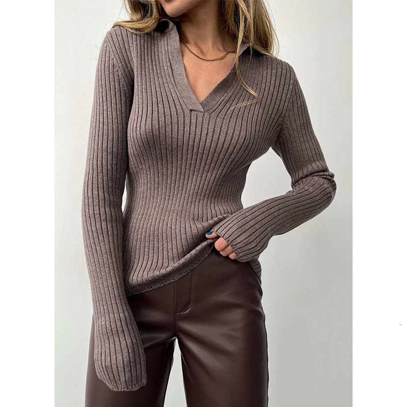 POLO collar knitted 2024 autumn and winter temperament commuting slim fit pit stripe base pullover sweater for women