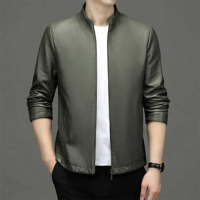 High Quality Men Leather Jacket Korean Fashion Mens Standing Collar Ecological Mens Clothing Popular Leather Coat OuterwearX240913