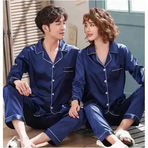 Ice Silk Satin Couples Pajamas Thin New Women Men Two-piece Plus Size Homewear Set Pijama Set Women Pijma Hombre Y240913