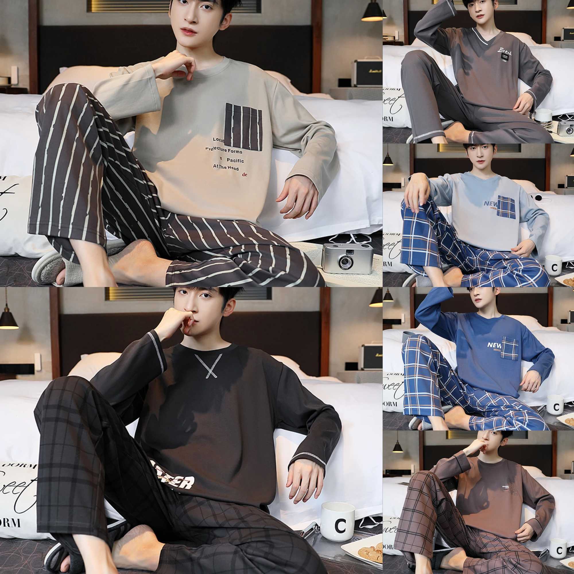 Mens Pajamas 2 Sets Of Homewear Mens Spring And Autumn Long-Sleeved Trousers Cotton Leisure Autumn And Winter Homewear Y240913