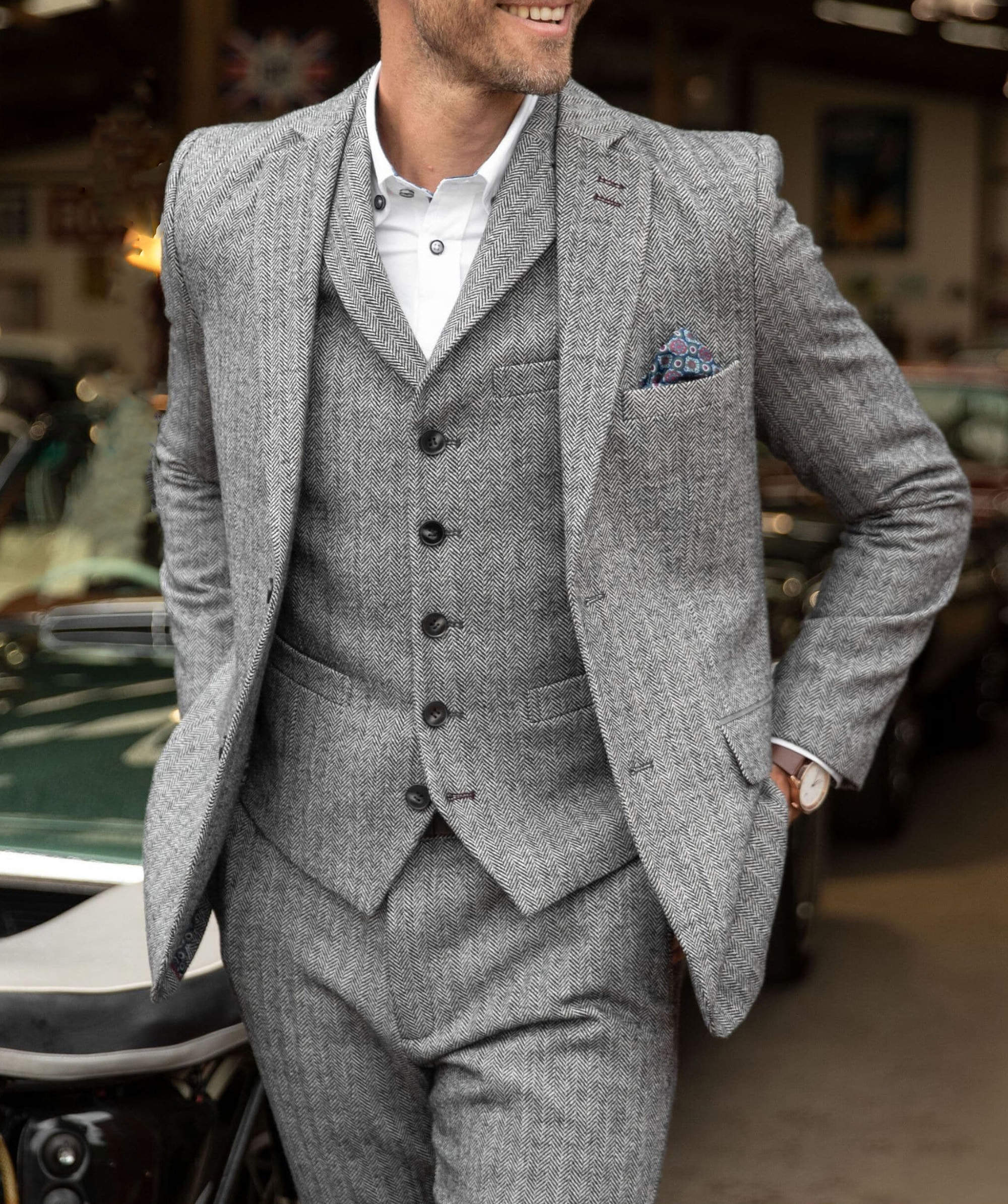 Vintage Wedding Men's Suit 3 Piece Set Harringbone Notched Lapel Tailored Blazers Groom Jacket For Man Custom Made Plus Size (Coat+Pants+Vest)