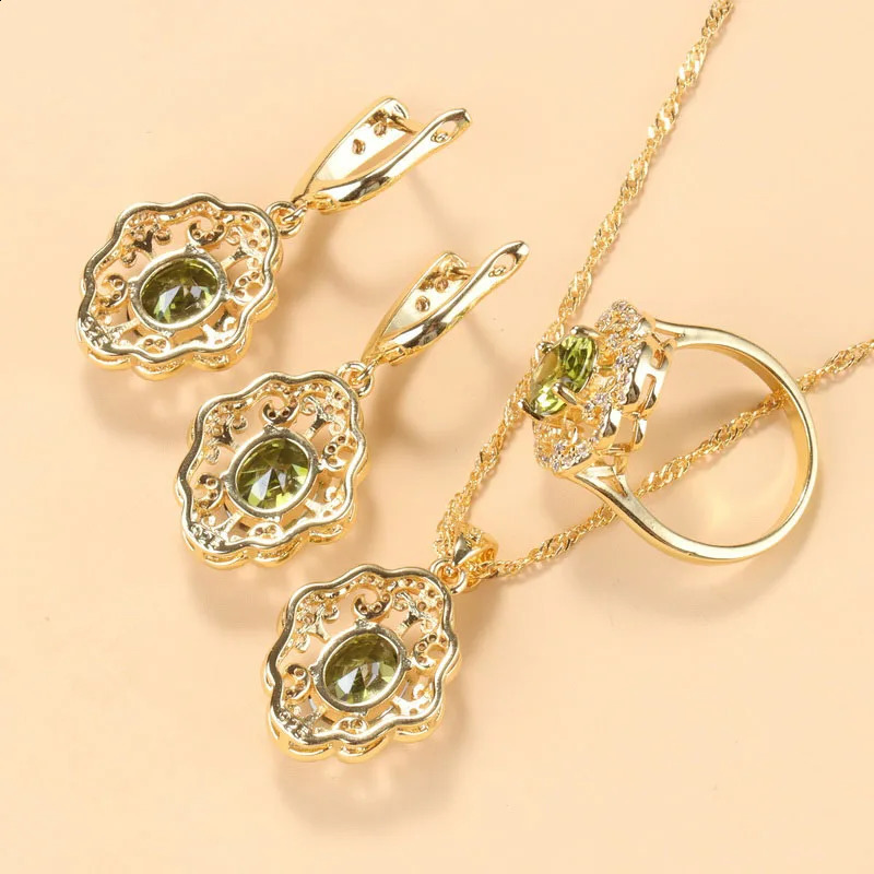 10 color cubic zirconia womens accessory 18K gold-plated olive green zirconia charm bracelet and ring jewelry set 240913