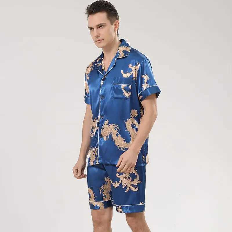Men Pajamas Suit Print Dragon Sleepwear Satin 2PCS PJS Set Lapel Shirt Shorts Lounge Wear Summer Button-down Nightwear Lingerie Y240913