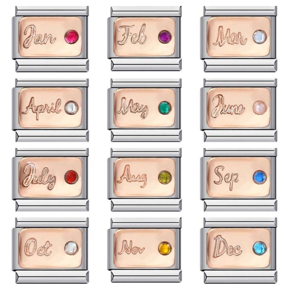 Fashion Color 12 Birthday Stone Italian Module Stainless Steel Micro Inlaid Zircon DIY Elastic Bracelet Fit 9mm Bracelet Jewelry DIY Making Gifts