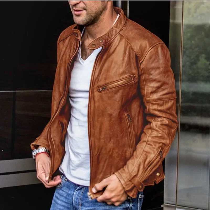 Autumn Winter Vintage Faux Leather PU Jacket Mens Casual Zipper Button Jacket Mens Long Sleeve Stand Collar Motorcycle JacketX240913