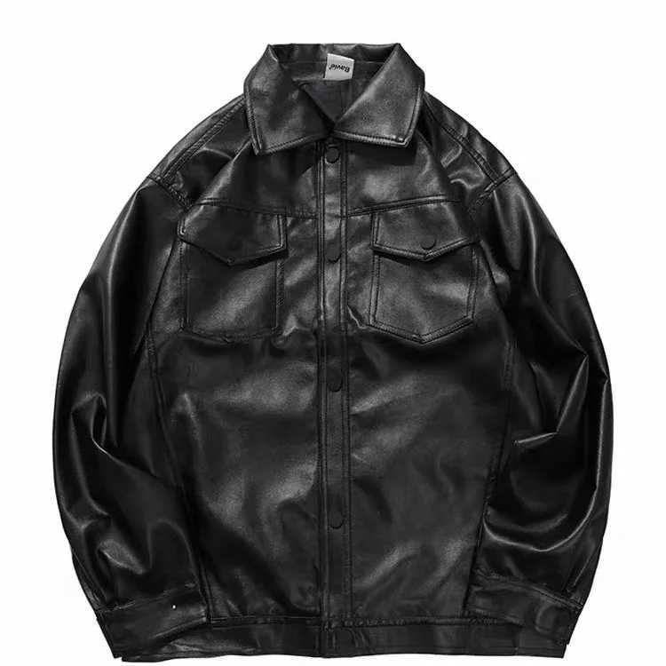 Leather Jacket Mens Lapel Single-breasted Loose Tops Men Clothing Slim Jacket Black Retro Casual Spring and Autumn Men CoatsX240913