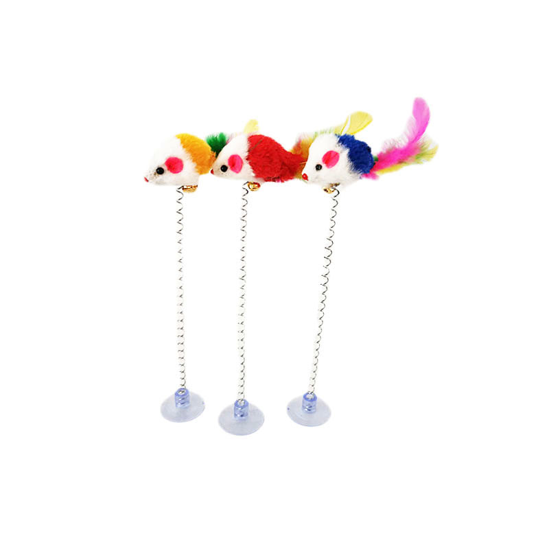3PCS Spring Pet Toy Elastic With Bell Spring Color Mouse Feather Bottom Sucker Pet Cat Toy Product Cat Accessories Decoration