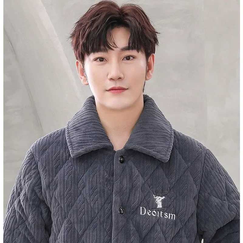 Men Pajamas Winter Three-layer Thickening Plus Velvet Coral Fleece Cotton Male Suit Flannel Warm Home Clothing Autumn Homewear Y240913