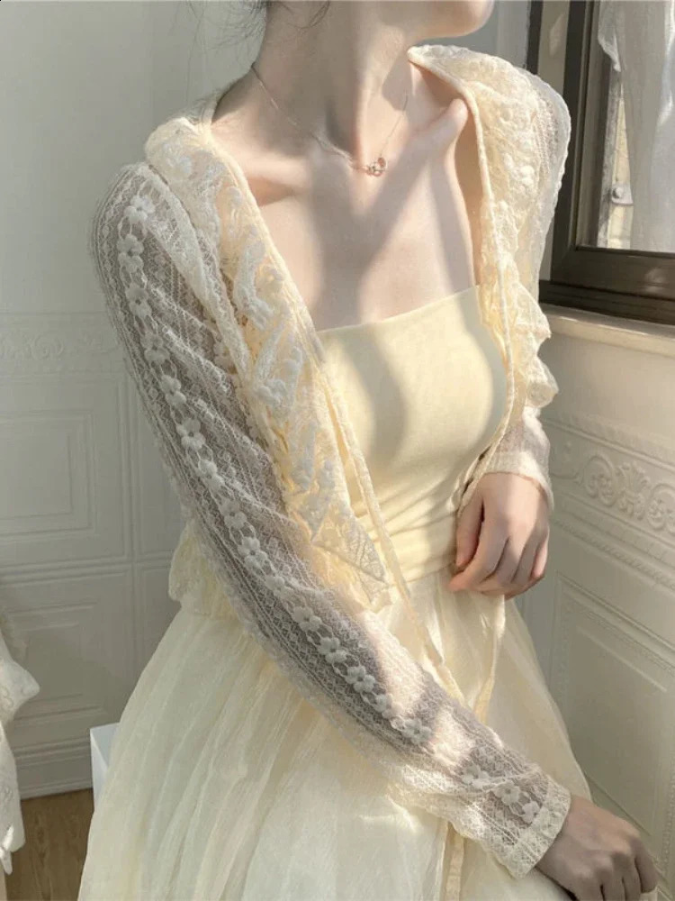 Summer Apricot Lace Belt Women Cardigan Korean Fashion Vneck Long Sleeve Cropped Tops Sweet Slim Thin Sunscreen Jacket Female 240910