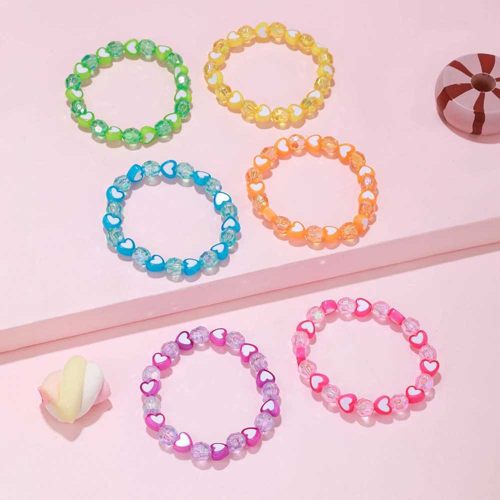 6-piece/set handmade colorful heart-shaped bead elastic bracelet suitable for girls friendship parties birthdays jewelry gifts W240913