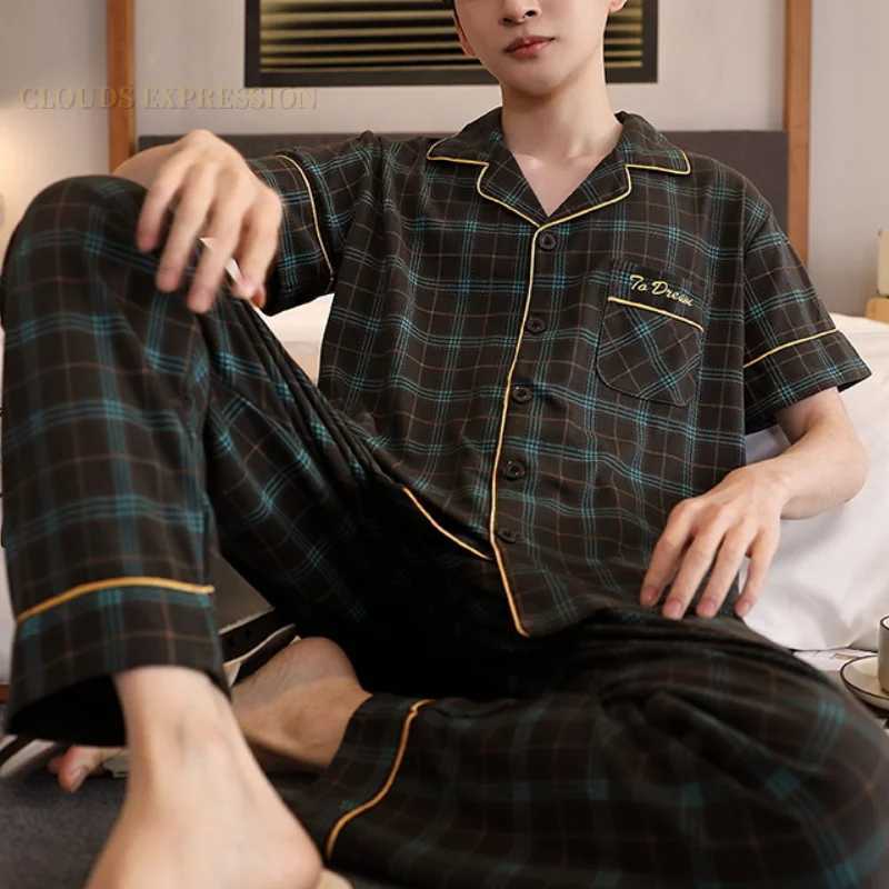 Summer Knitted Plaid Cool Mens Pyjamas Plus 5XL Pajama Sets Casual Pjs Lounge Masculine Sleepwear Nightwear Pijamas Homewear Y240913