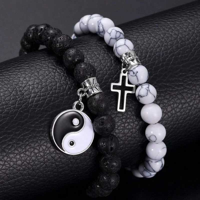 Niche Classic Design White Pine Matte Stone Magnet Love Gossip Cross Astronaut Bead Bracelet Two Piece Set W240913