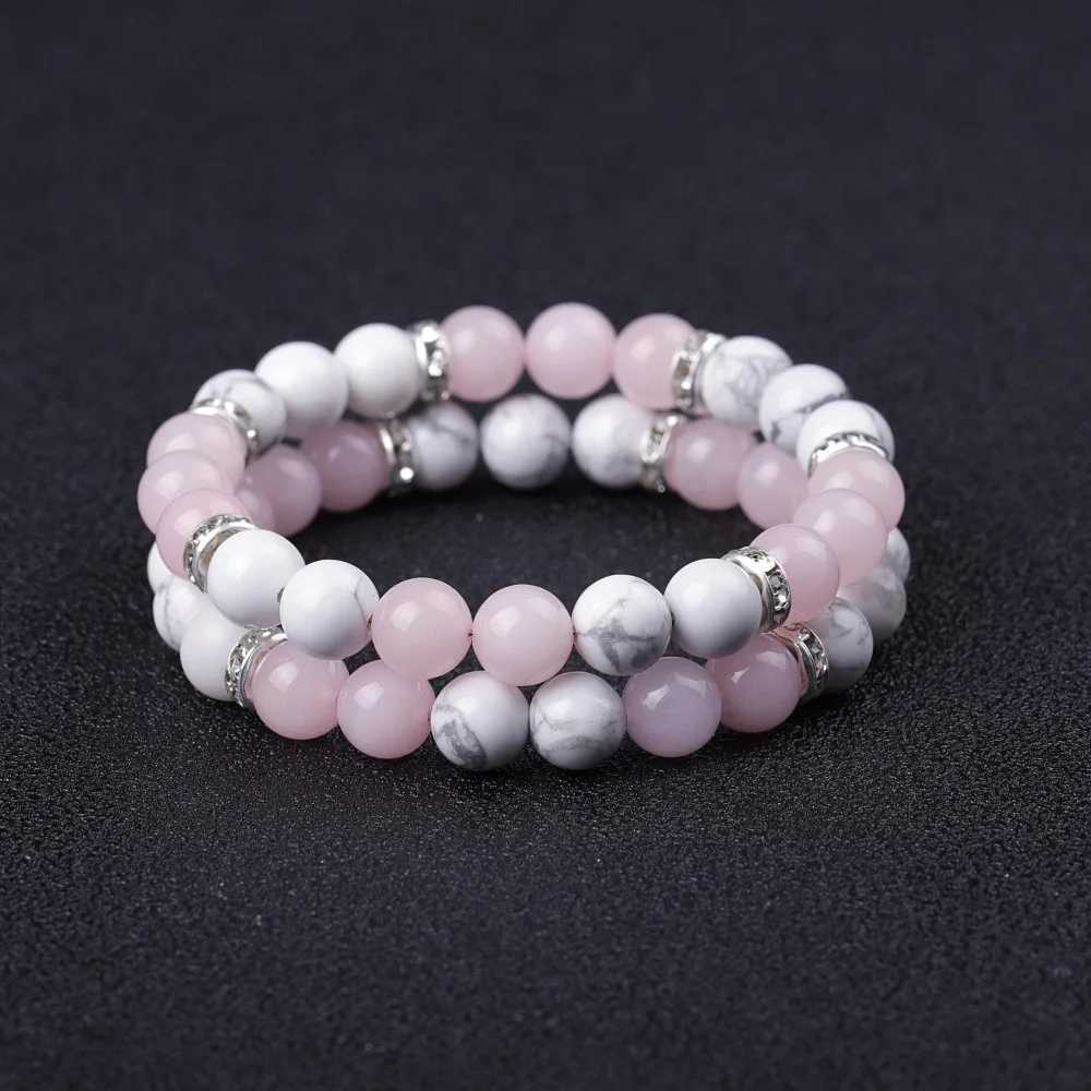 Fashionable womens natural quartz bracelet 8mm round white Holite turquoise pink crystal bracelet W240913
