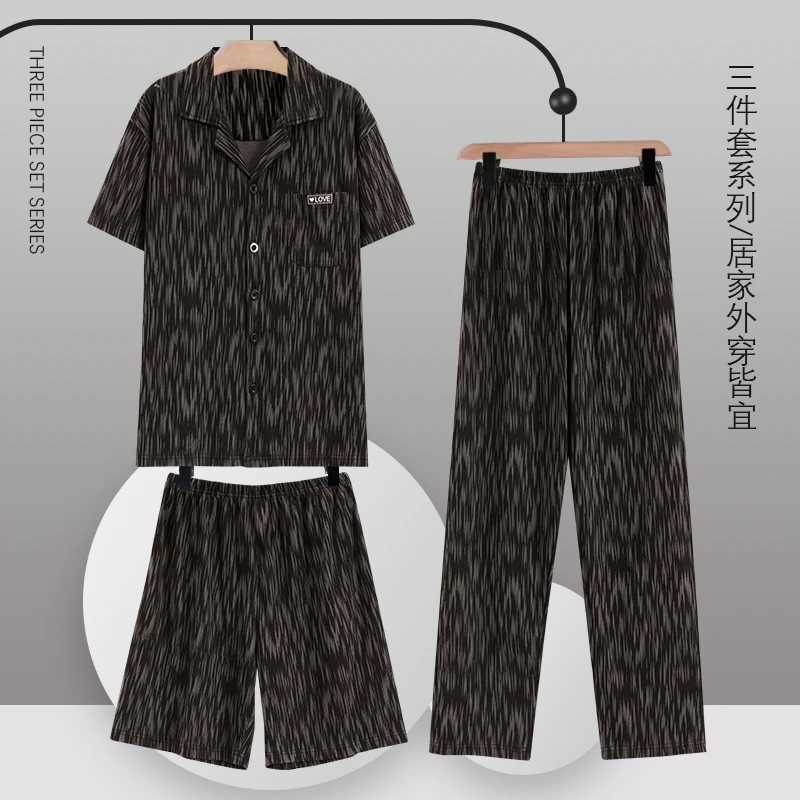 Cardigan Plaid Tops+Shorts+Long Pants 3 Piece Set Men Pajamas Sets Soft Cotton Nightwear Summer Pyjamas Male Sleepwear Pijamas Y240913