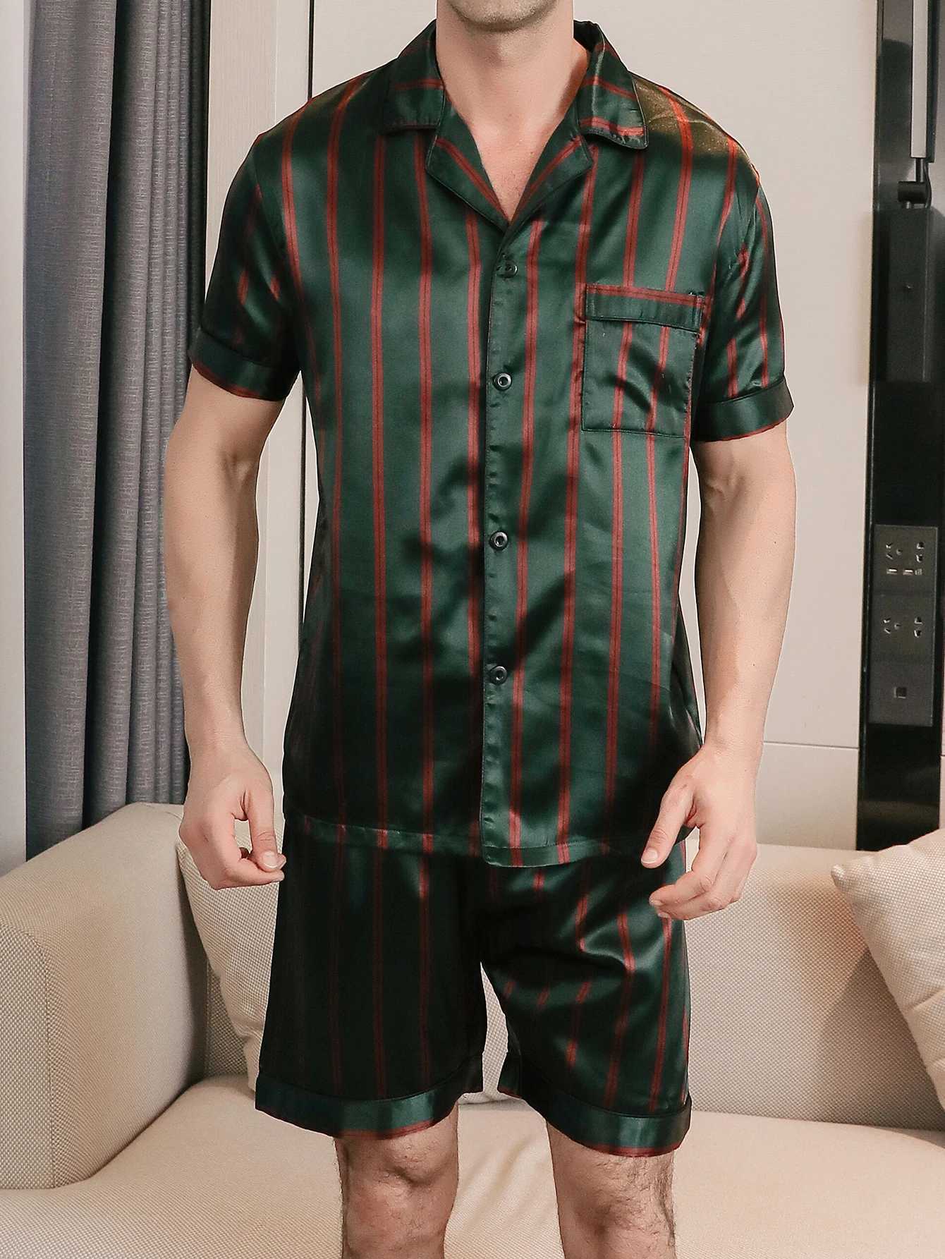 Two piece sets for mens pajamas summer short sleeved shorts striped pattern printed home clothing sleepwear set Y240913