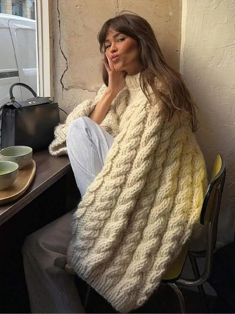 2024 Autumn Winter Oversize Knit Pullover Women Casual Lazy Round Neck Kintted Solid Sweater Female Loose Sleeves Knitwear Lady 240912