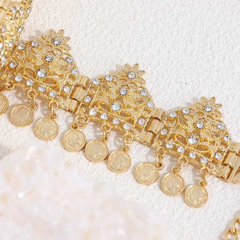 Algerian Women Hair Ornament Gold Plated With Rhinestones Plant Style Turkish Coin Arabic Headchain Wedding Party Valentine GiftX240913