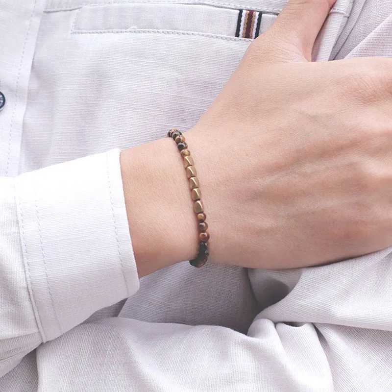 4mm Bead Bracelet Natural Matte Tiger Eye Stone Brass Charm Bracelet Mens Jewelry Gift Pulsera W240913