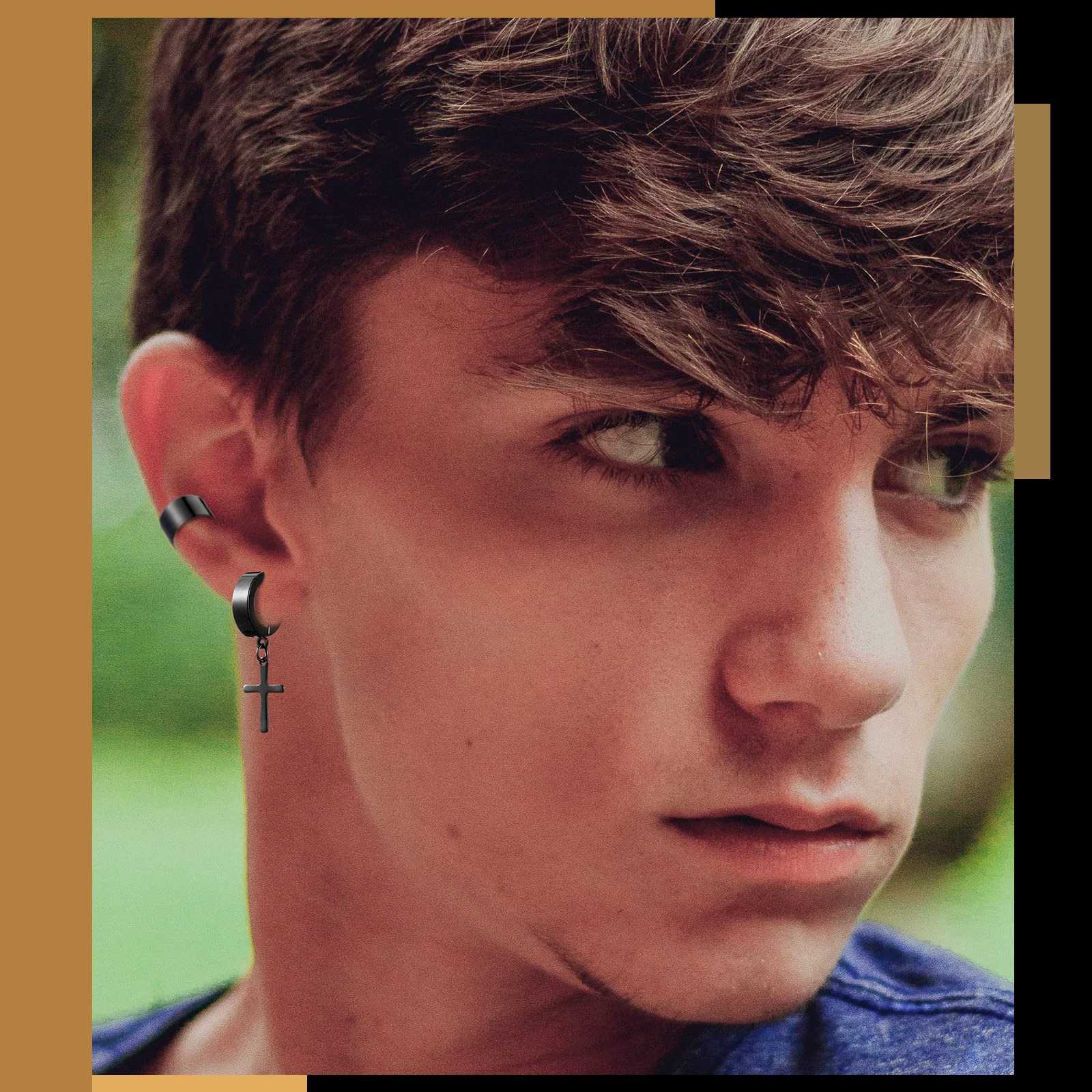 1 Pairs Ear Clip Earrings Set For Men Women Stainless Steel Non-Piercing Cross Dangle Hoop Unisex Clip On EarringsX240913