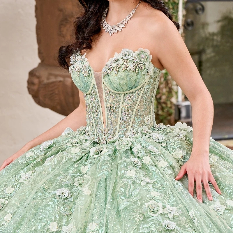Mint Green Shiny Quinceanera Dresses Ball Gown Lace Applique Beaded Tull With Cape Corset Sweet 16 Dress Vestido De 15 Anos