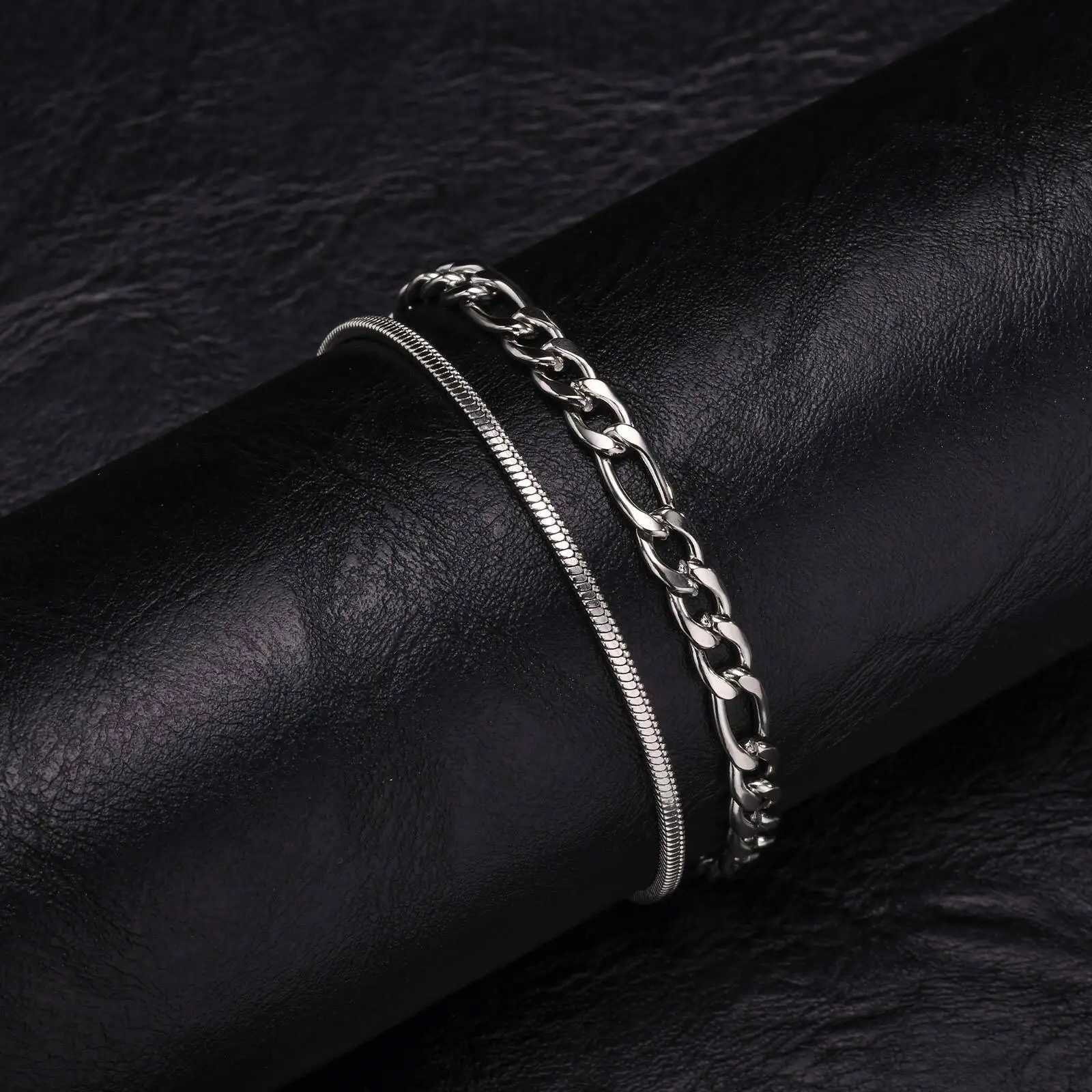 Vnox Cuban Link Chain Bracelets for Men Boys Black Gold Color Stainless Steel Figaro Snake Chain Wristband Stacked BraceletsX240913