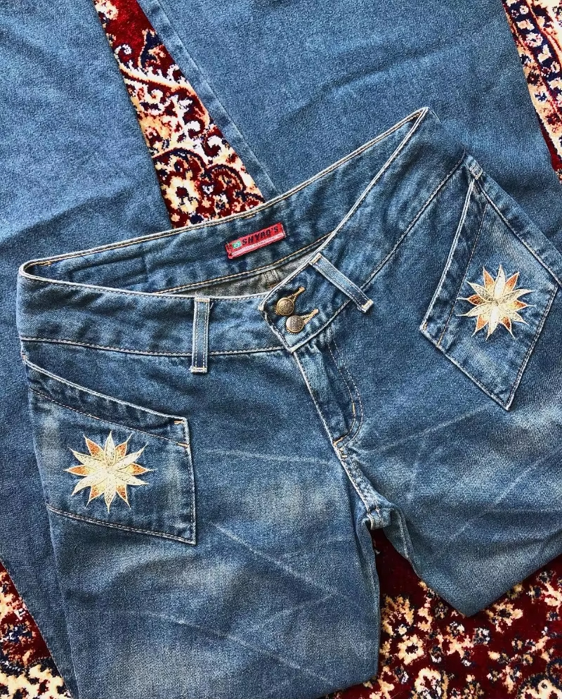 Y2K Fashion Trend New Blue Flower Embroidered Baggy Bell Bottoms Women Street Vintage Hip Hop Popular Casual High Waisted Jeans