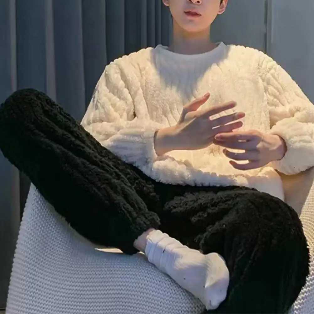 Men Pajama Pants Set Flannel Soft Solid Color Round Neck Top Pants Suit Touch Comfortable Long Sleeve Pullover Pajama Set Y240913