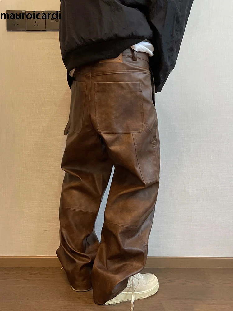 Mauroicardi Autumn Long Retro Cool Baggy Distressed Washed Brown Soft Pu Leather Wide Leg Pants for Men Clothes 240911