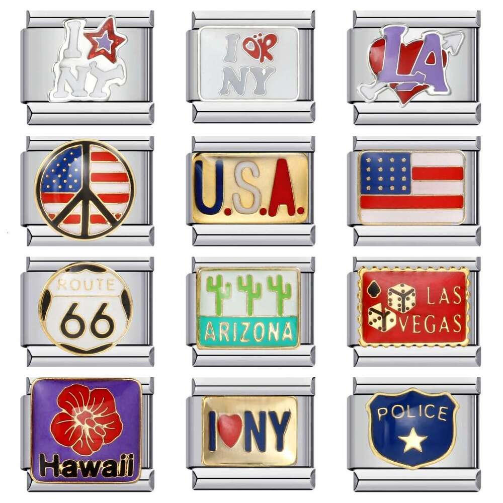 American Culture Series Italian Modular Titanium Steel Welded Drip Oil Bracelet Italian Charm Links Stainless Steel Fit 9mm Bracelet Making DIY Jewelr