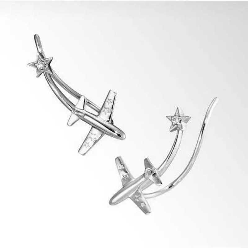 925 Sterling Silver Airplane Star Clip Earrings for Women 2023 Trend Pentagram Zircon Ornament Ear Hook Banquet Fashion JewelryX240913