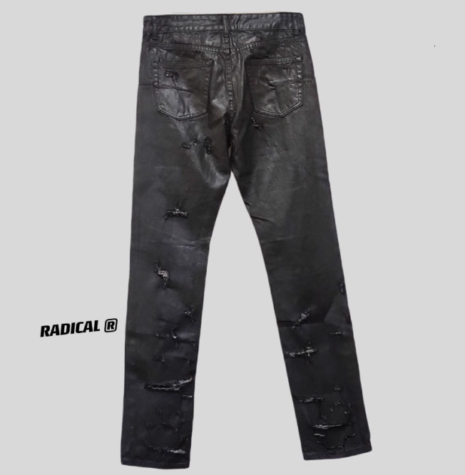 Black Waxed Jeans Mens Distressed StraightLeg Denim with Coated Finish Black Waxed Denim Men Archive High Street Style L251014