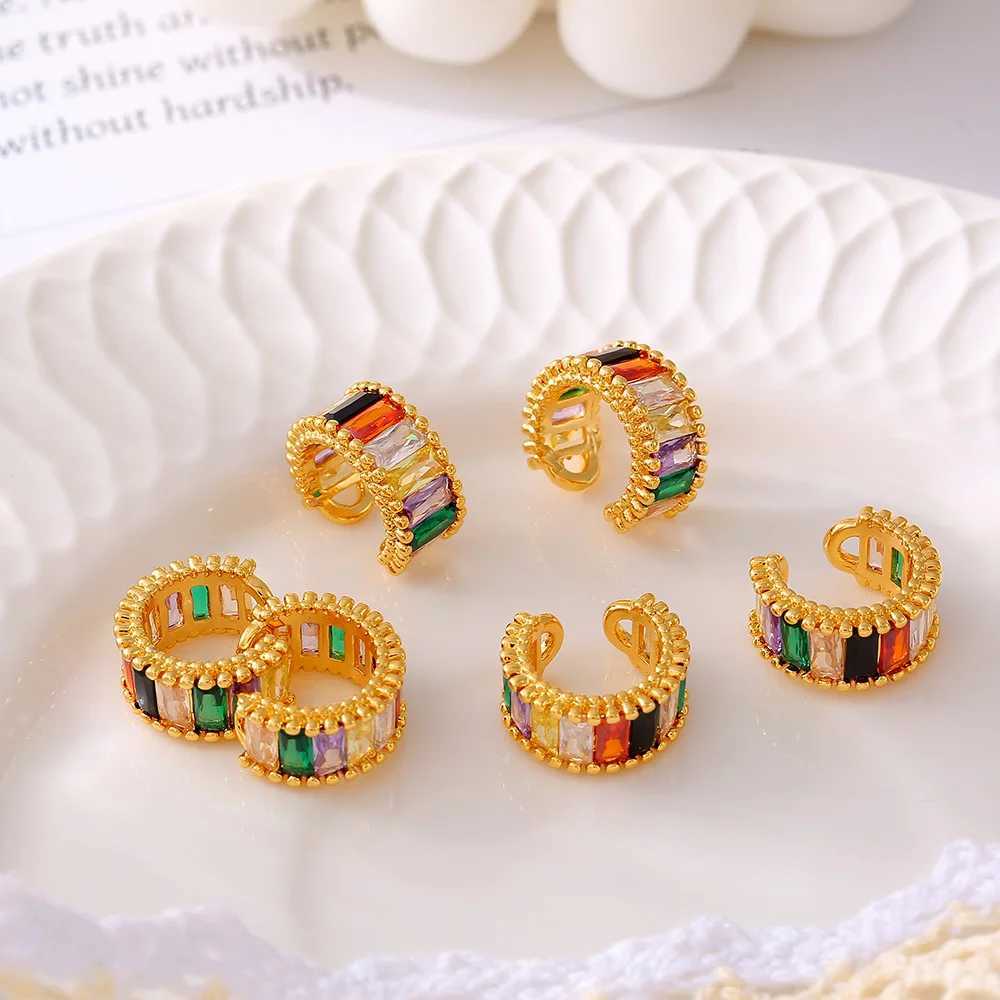 Trendy Copper Gold Plated Clip Earrings For Women Colorful Square Zircon Waterproof Womens C Shape Earrings Wedding JewelryX240913