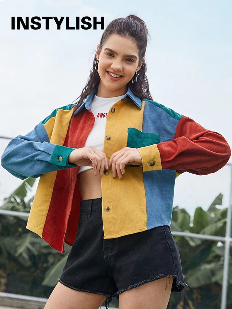 Instylish Womens Autumn Corduroy Patch Work Jacket Retro Harajuku Hit Color Loose Baseball Street Clothing Bomber 240913