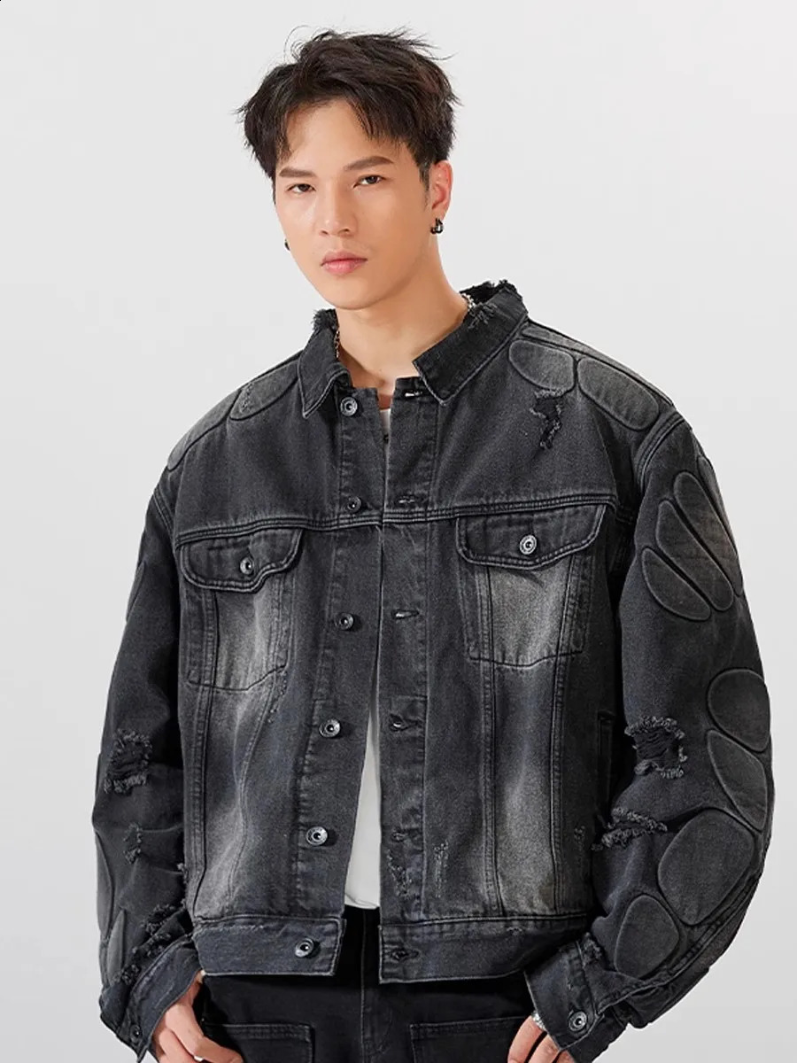 REDDACHIC 3D Padded Demi-season Denim Jacket Men Heavy Industry Vintage Wash Ripped Hole Y2k Oversize Coat Fall Winter Outerwear 240913